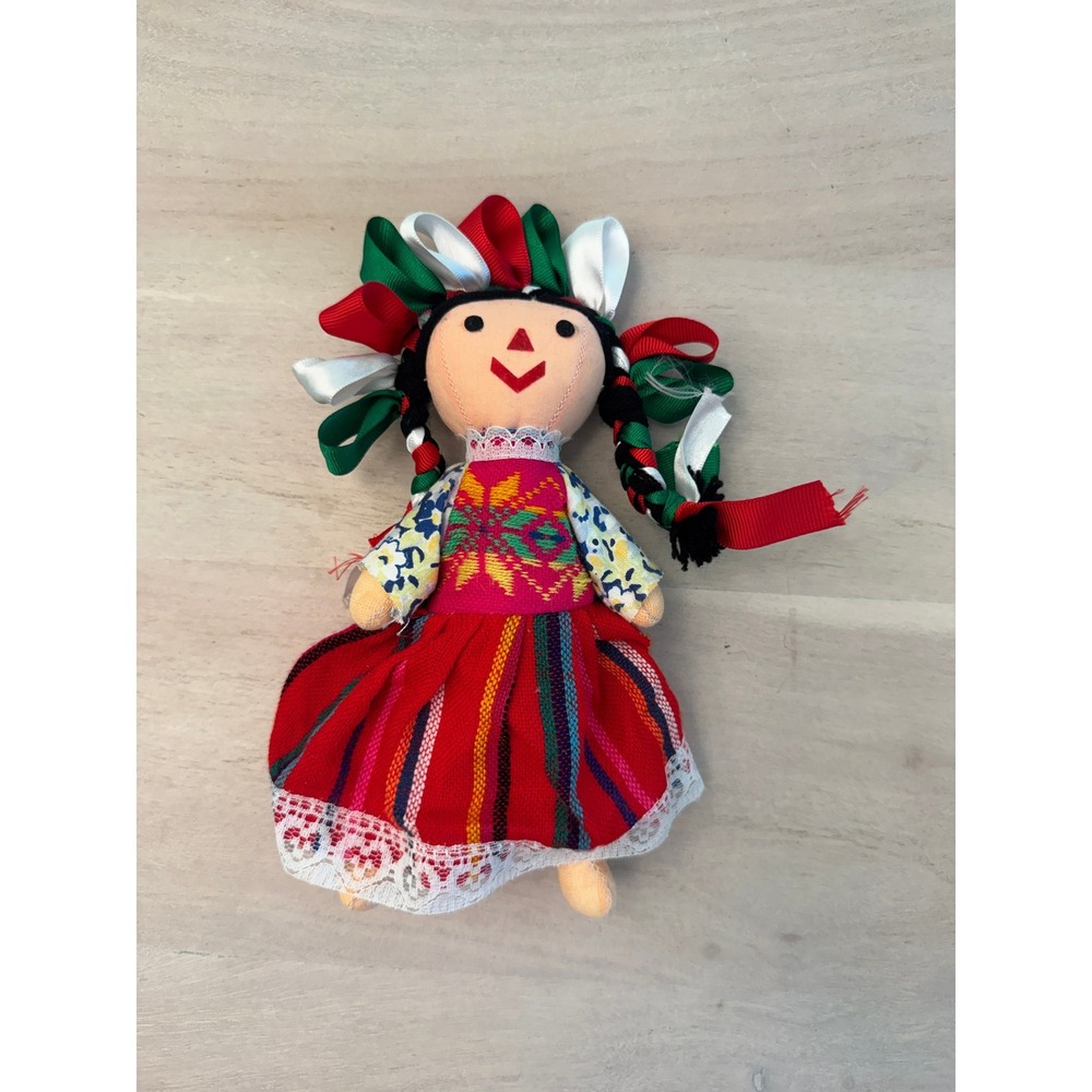 Handmade Mexican Maria Otomi Rag Doll Muneca Lele Ribbon Braids Embroidered